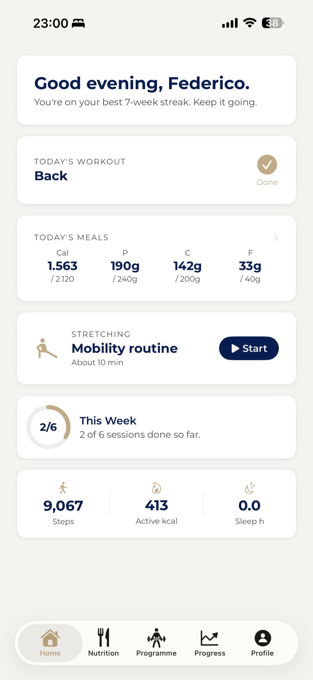 The Fede app today view: workout, meals and weekly progress